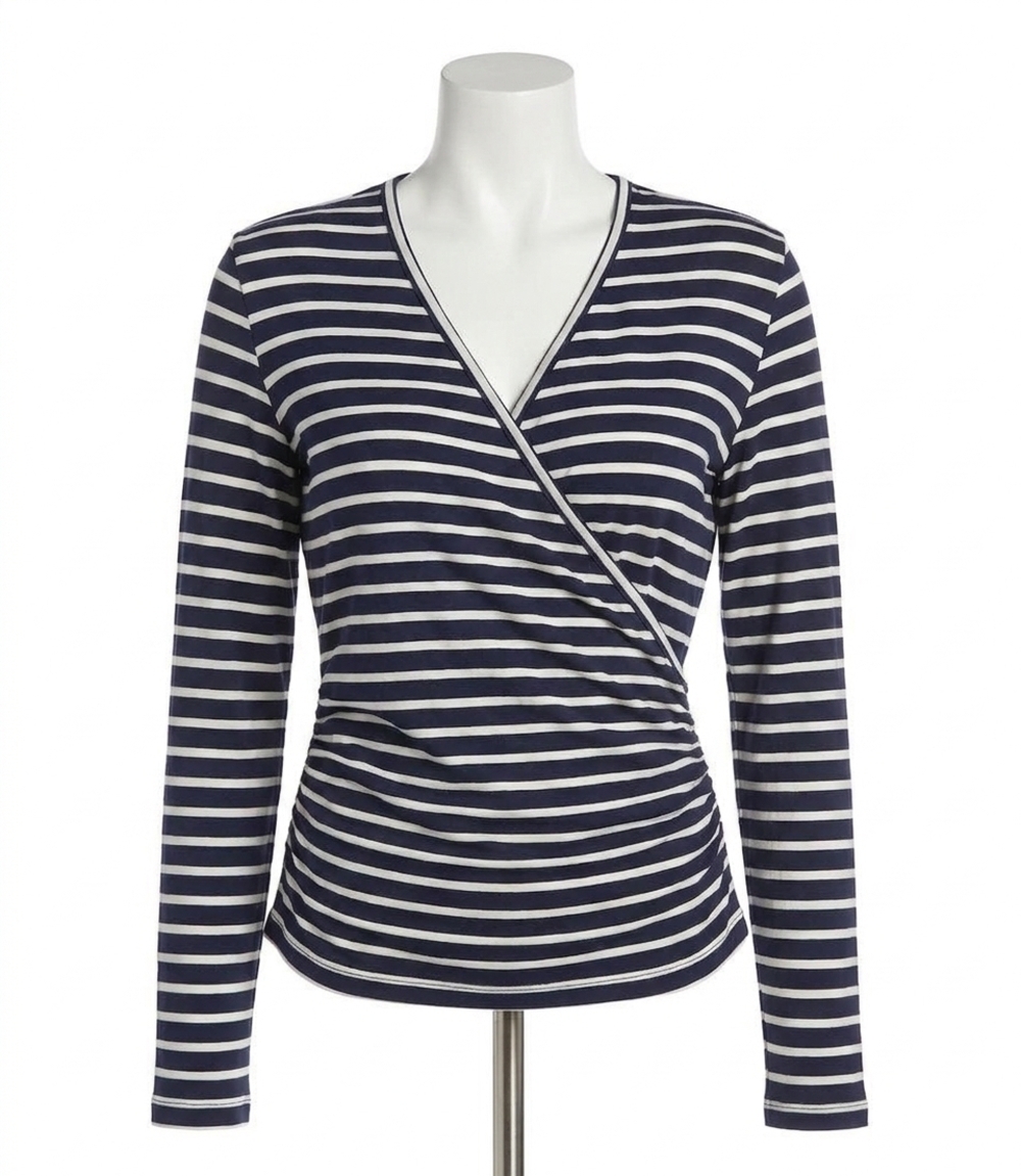 NEW KAREN KANE long sleeve stripe side-shirred crossover top in navy